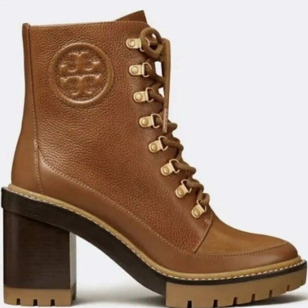 Tory Burch Miller 95mm Lug Sole Bootie Tumbled Leather Toasted Caramel - Picture 6 of 6